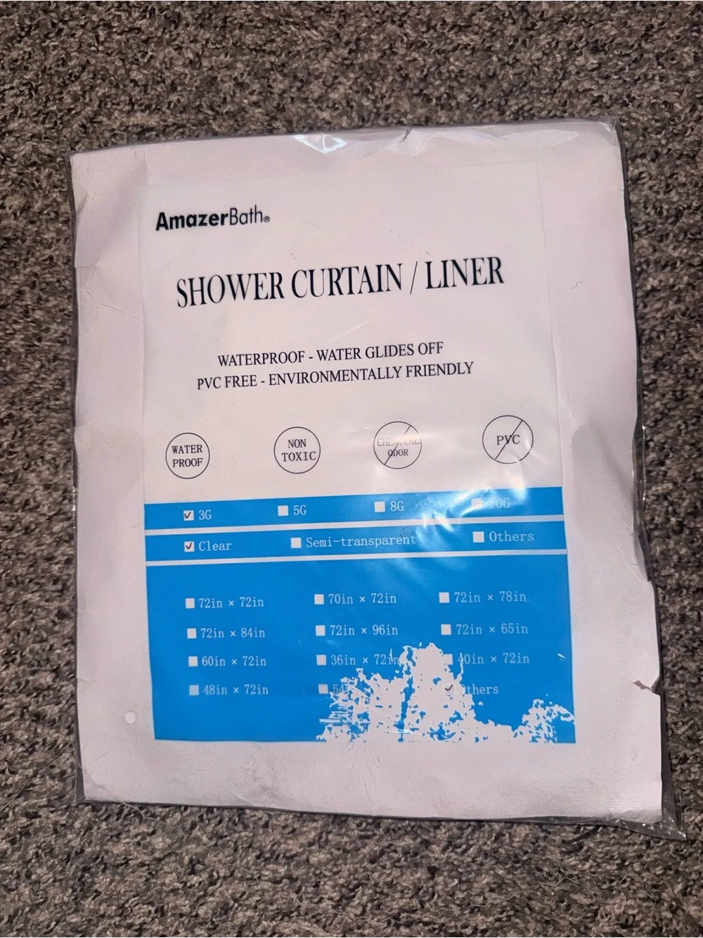 Amazon AmazerBath White Shower Curtain with Blue Instruction Panel - 36x78 -NEW